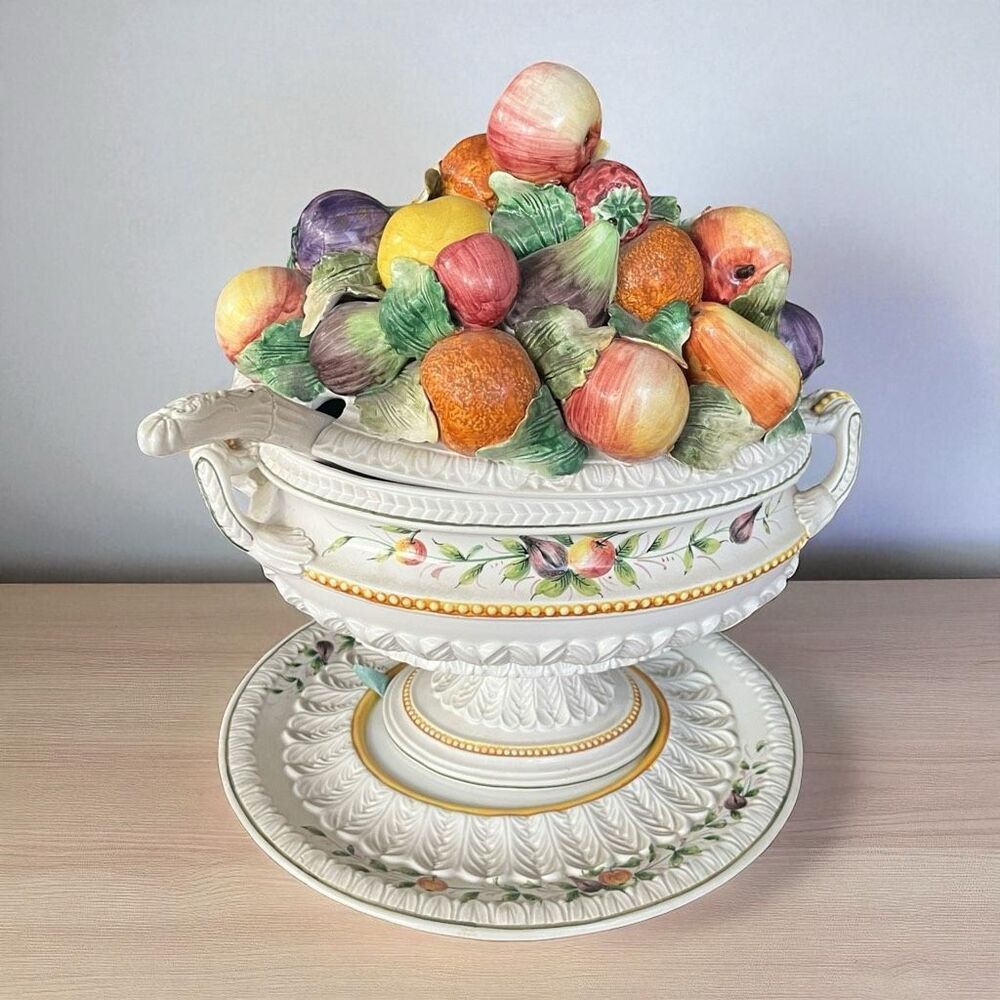 Vintage Hand-Painted Ceramic Soup Tureen Set with Fruit Topper & Ladle